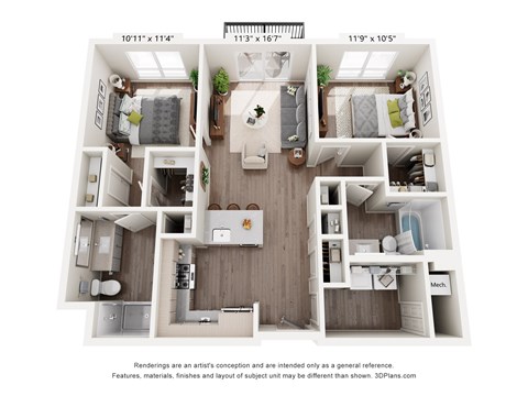 Floor plan for 2 beds, 2 baths, 1066 sqft